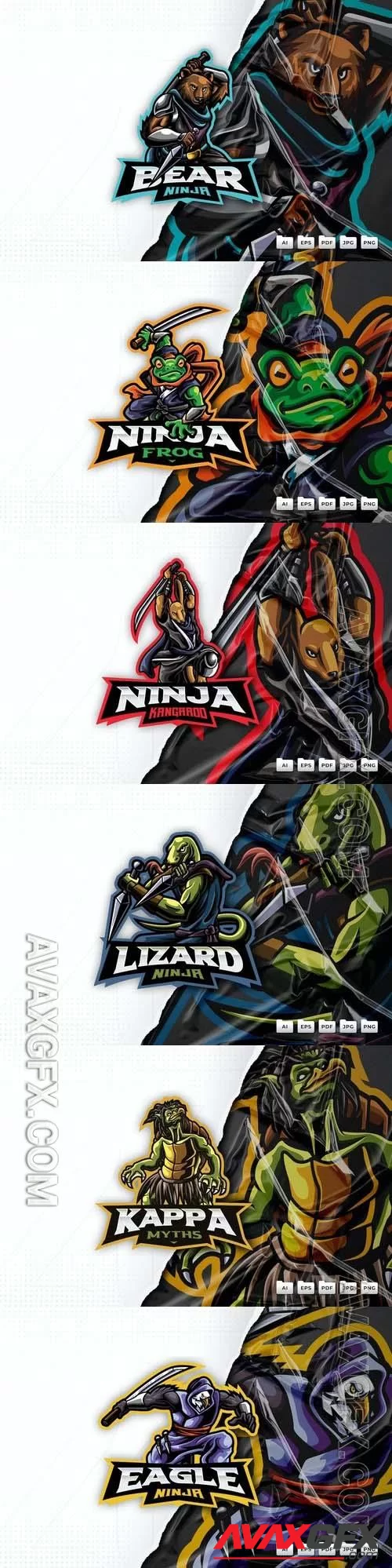 Eagle, frog, kangaroo, lizard, bear  ninja, kappa yokai mascot logo design