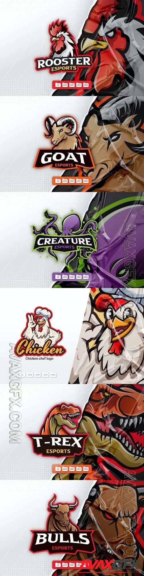 T-rex, rooster, octopus, goat, chicken chef, bull, mascot logo design