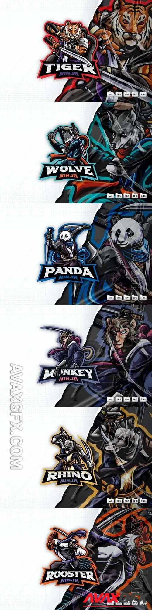 Tiger, chicken, monkey, panda, rhino, wolf ninja mascot logo design