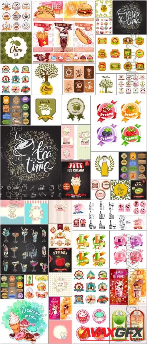 49 Labels, food labels and elements vector illustration