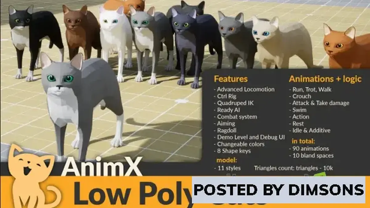 Unreal Engine Characters AnimX: Low Poly Cats v4.26-4.27, 5.0-5.2