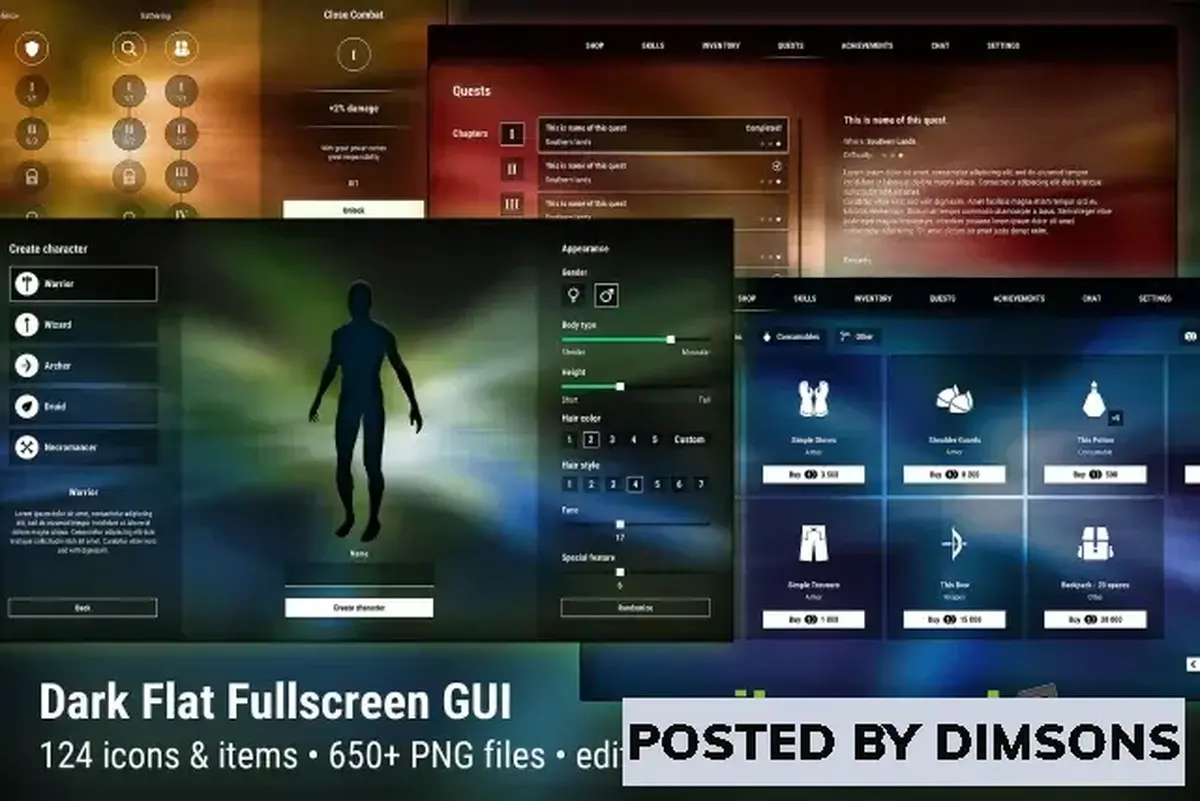 Unity 2D Dark Flat Fullscreen GUI / UI Kit - over 650 PNG! v1.0