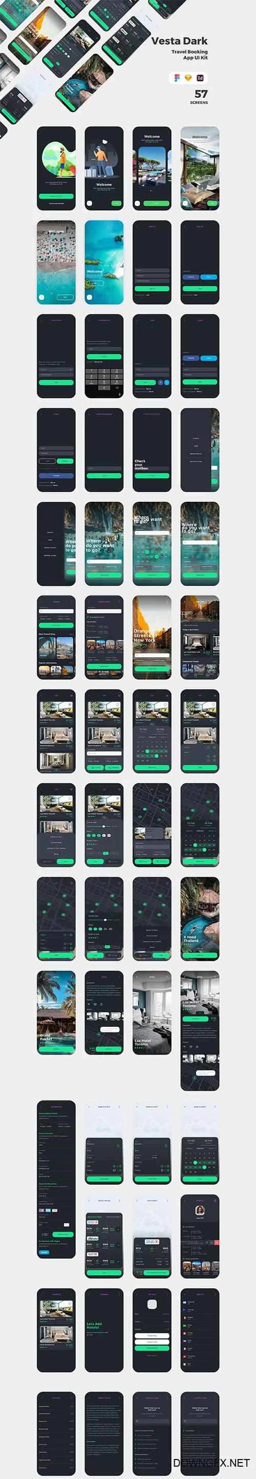 Vesta Dark Travel Booking App UI Kit UI8