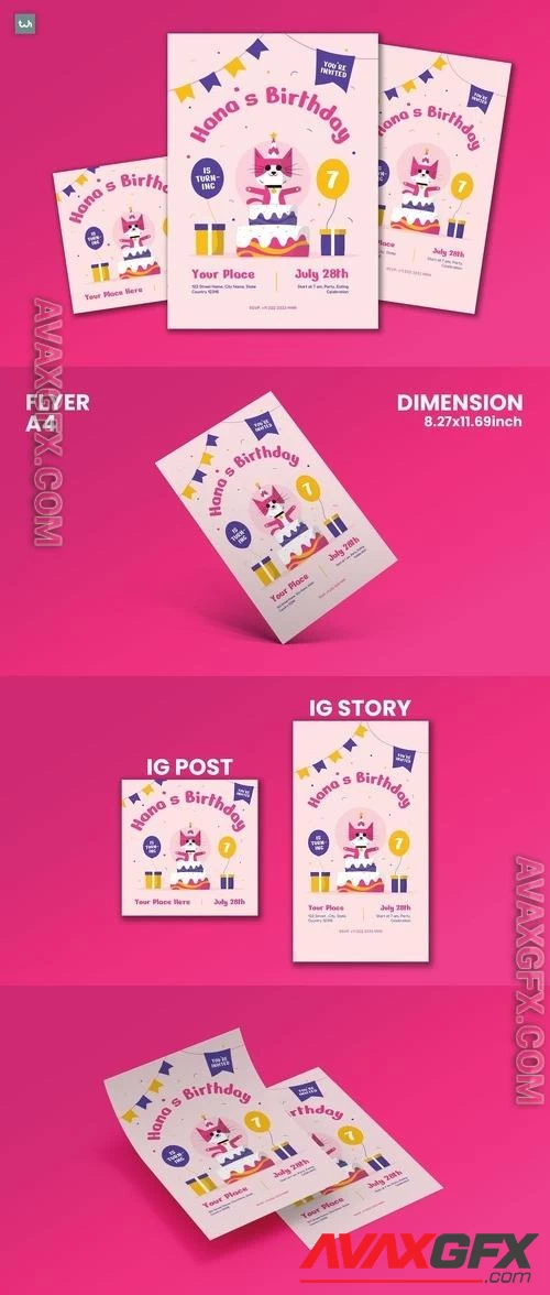 Flat Birthday Invitation Flyer Set | 002 XQCXR29 PSD