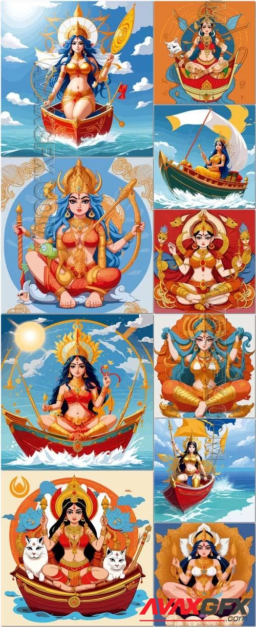 Vector goddess durga india holy tradicional cartoon illustration