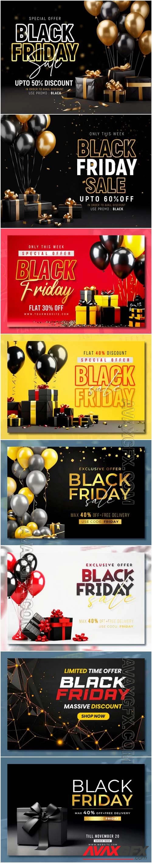 Black friday sale banner with realistic 3d gifts and balloons in psd vol 1