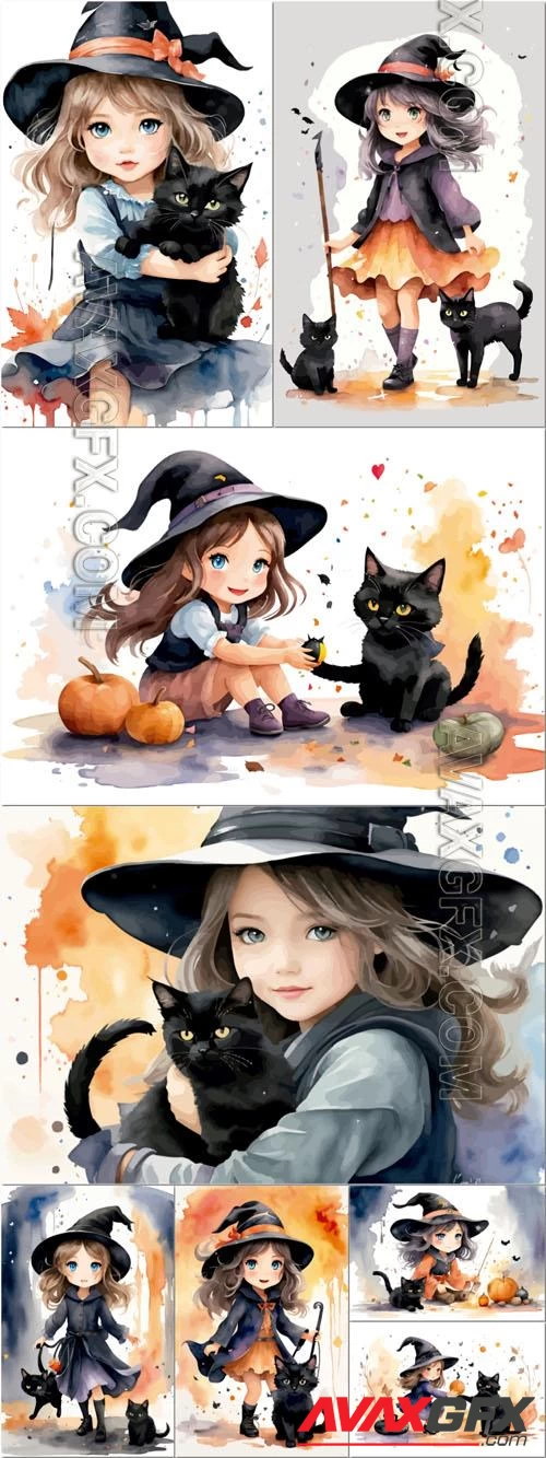 Vector watercolor illustration of cute little witch a cat