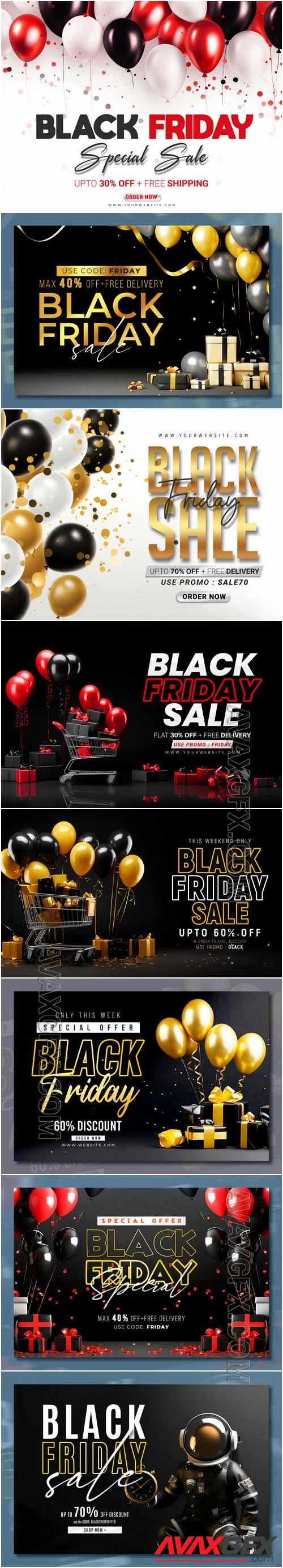 Black friday sale banner with realistic 3d gifts and balloons in psd vol 3