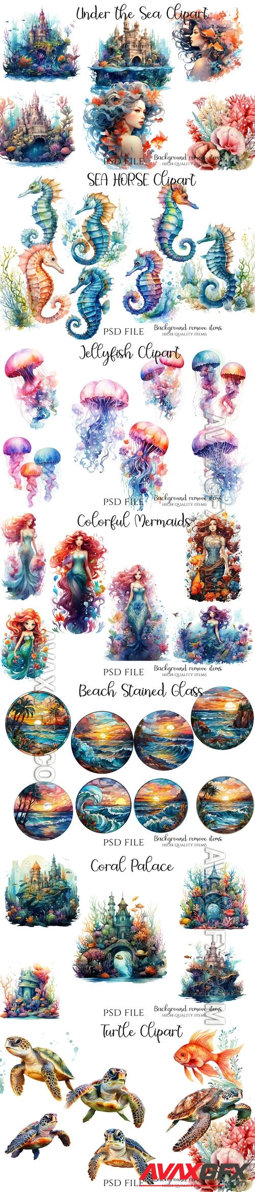 Sea creatures and elements, mermaids, seahorse, turtle, corals, seascape - PSD illustration cliparts set