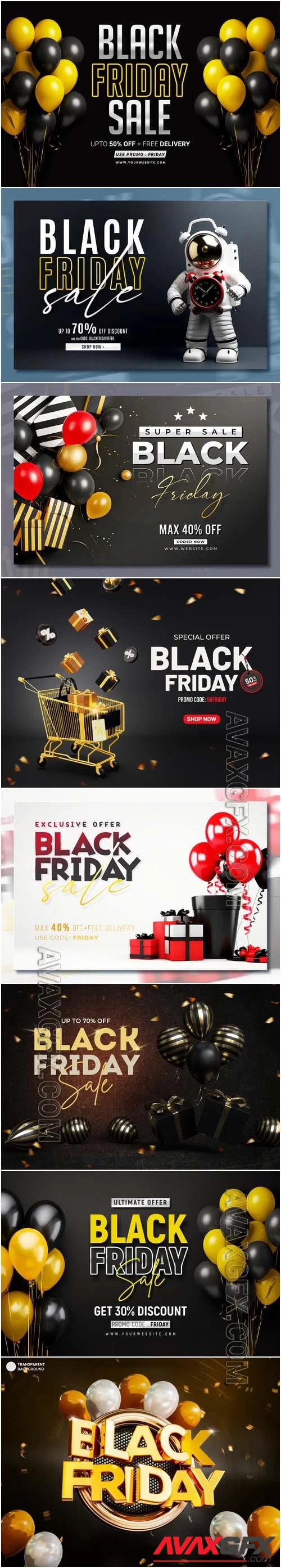 Black friday sale banner with realistic 3d gifts and balloons in psd vol 2