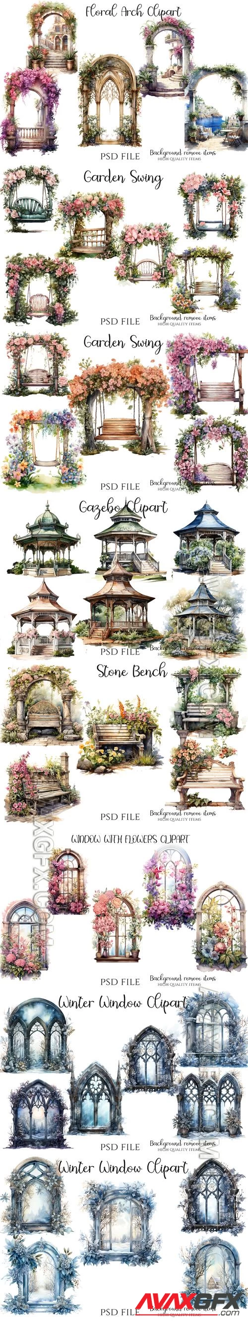 Fairytale house, garden, swing, fountain, arches and gazebos with flowers, window with flowers - PSD illustration cliparts set