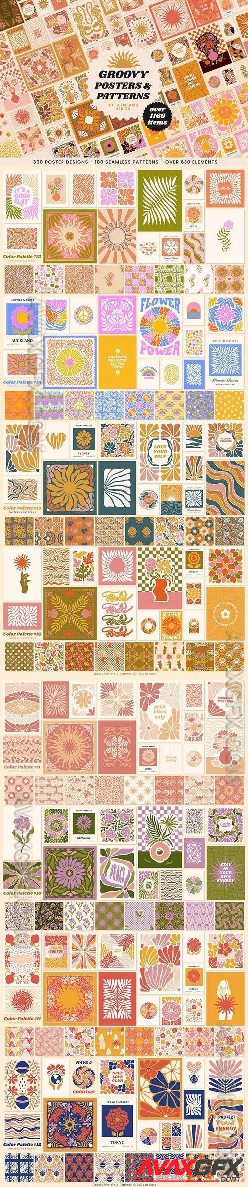 Groovy Boho Posters Patterns Flower 70s