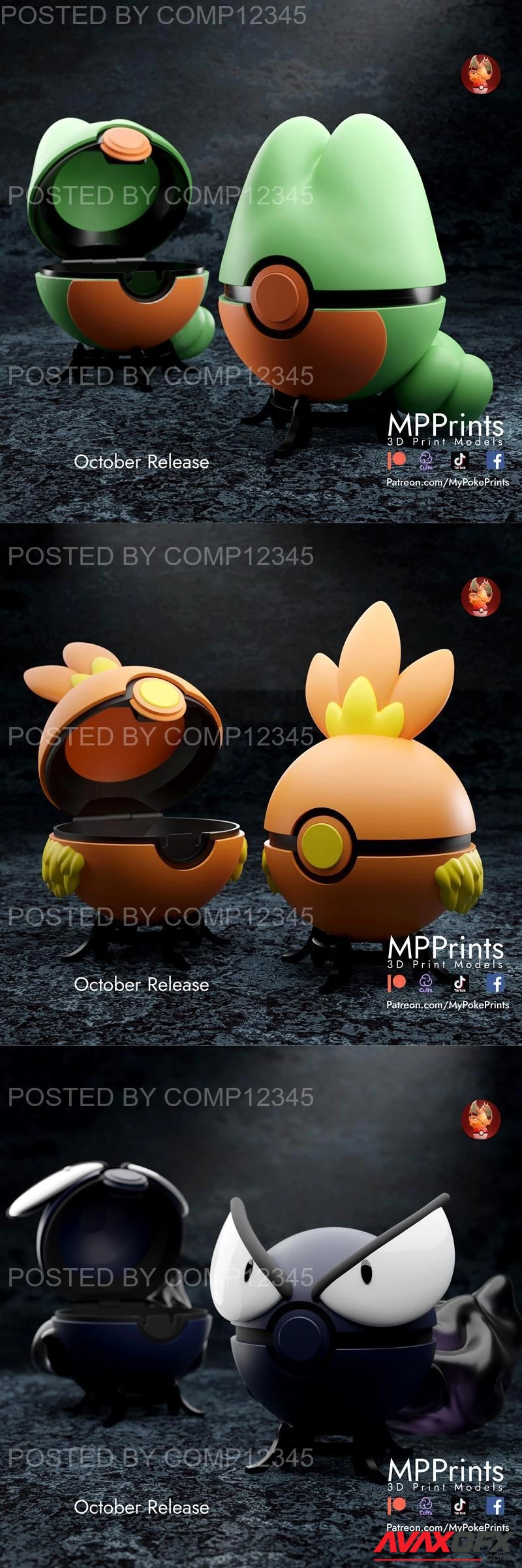 MyPokePrints - Pokeball - Ghastly and Treecko and Torchic