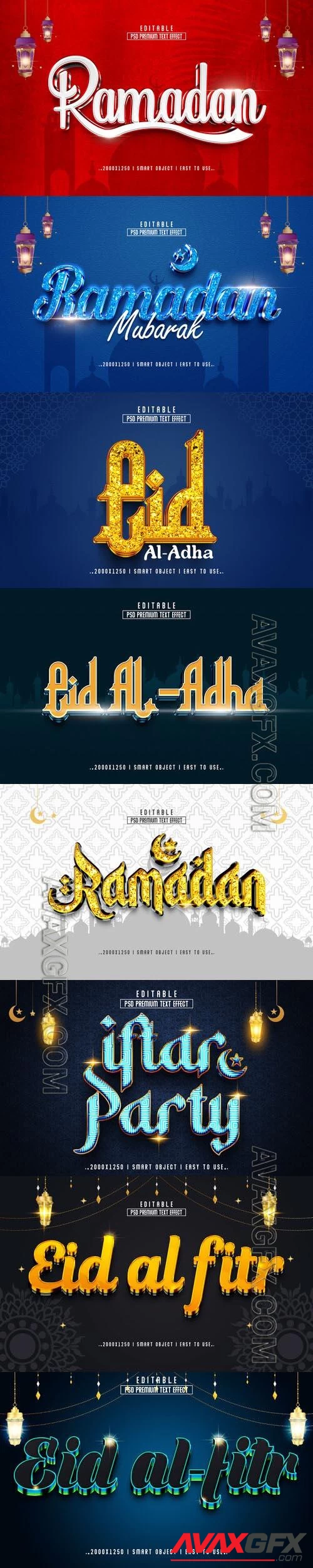 8 Psd Ramadan, Eid al fitr style text effect editable set vol 3