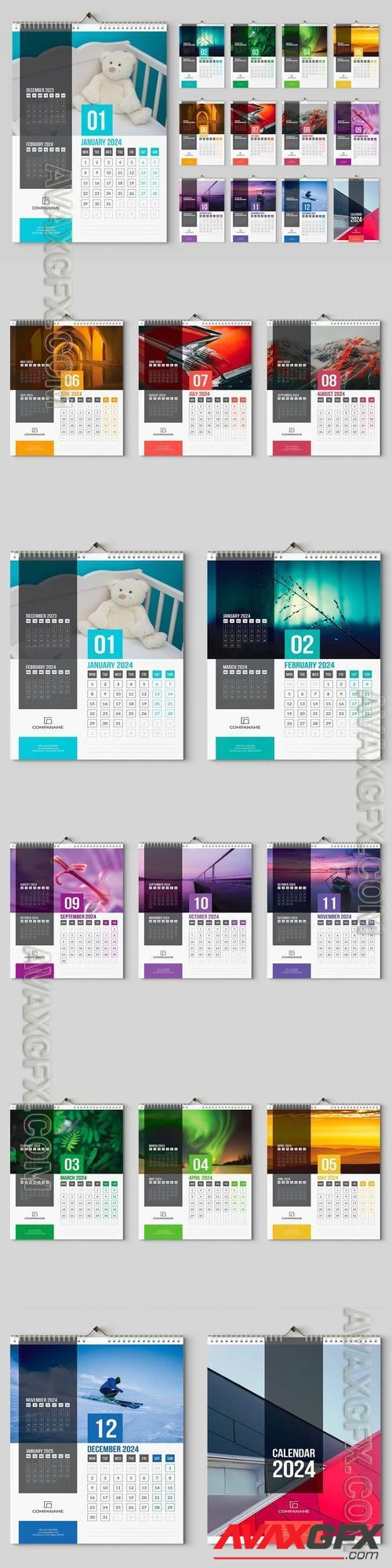 Wall Calendar 2024. Colorful Template K9J27WW Download Indesign Templates