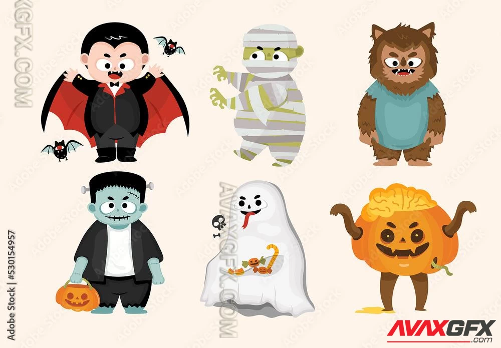 Cute Cartoon Halloween Character Illustrations Dracula Vampire Zombie Werewolf Frankenstein Monster Ghost Pumpkin 530154957 Adobestock