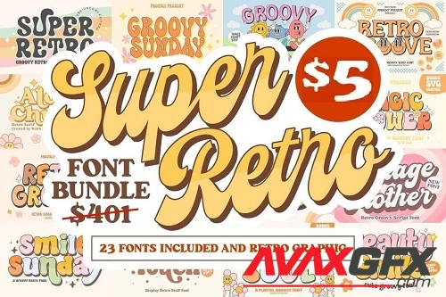 Super Retro Font and Graphics Bundle - 23 Premium Fonts,  47 Premium Graphics