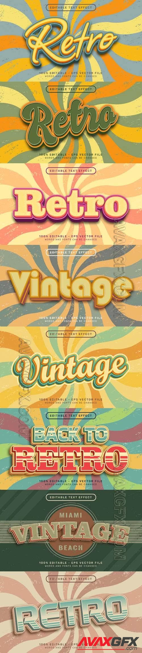 Vector retro vintage color 3d text editable text effect