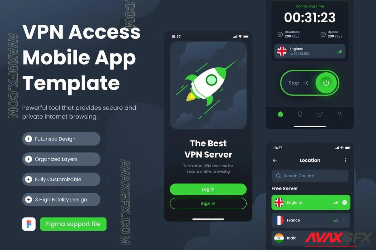 VPN Access Mobile UI Kit Template QZ69DEG