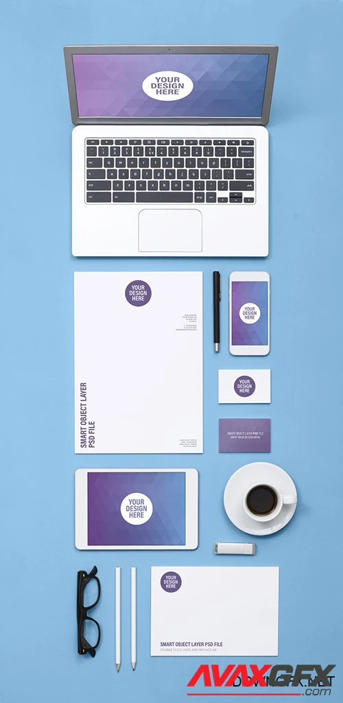 Tablet and Smartphone with Stationery on Blue Surface Mockup 138388142