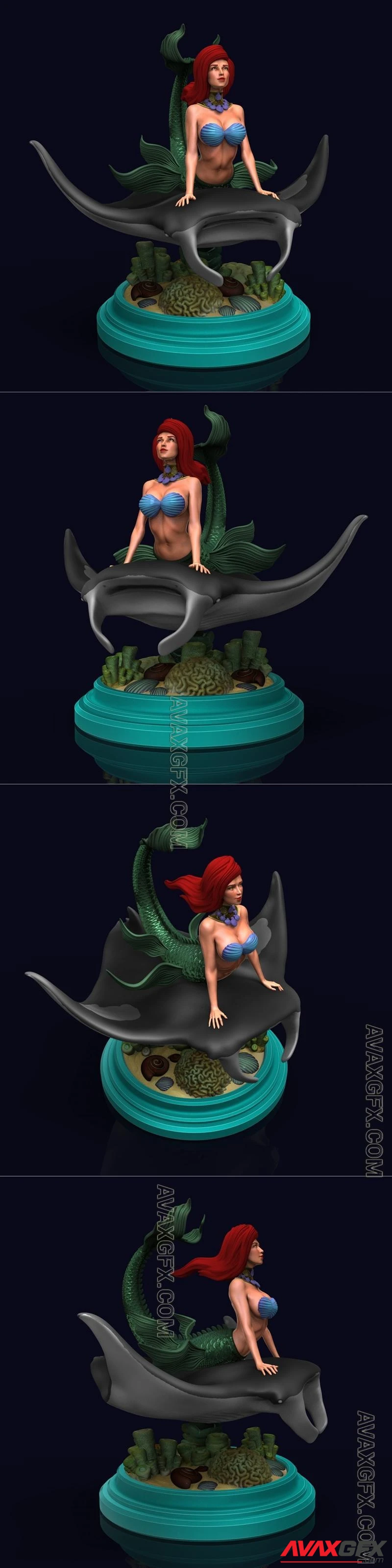 Little Mermaid on Manta Ray - STL 3D Model