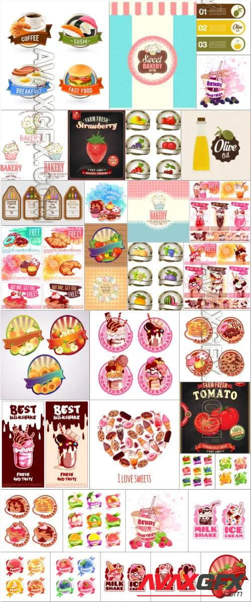 Labels, food, vegetables, fruits, ice cream in vector set