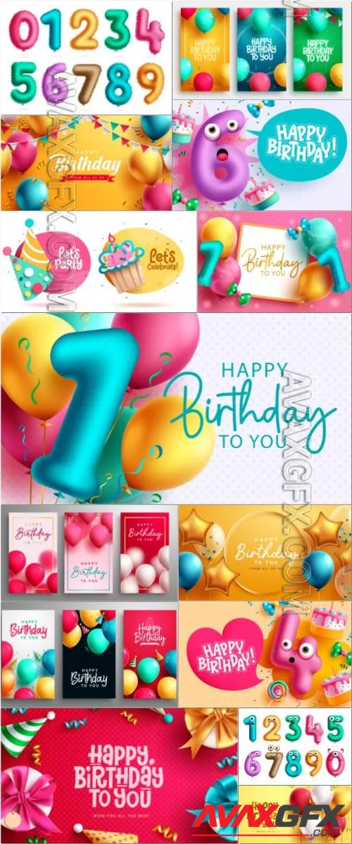 Happy birthday vector illustration, balloons and number