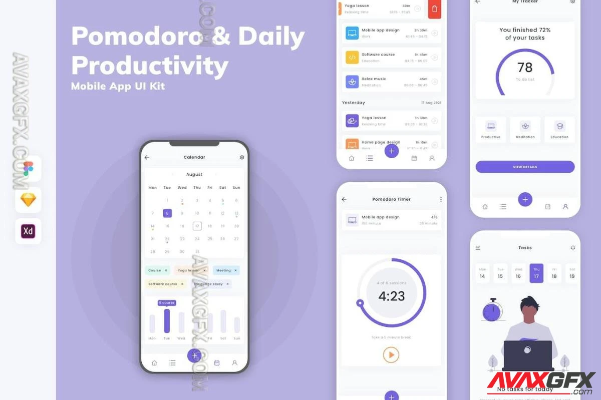 Pomodoro & Daily Productivity Mobile App UI Kit PCZQDCB