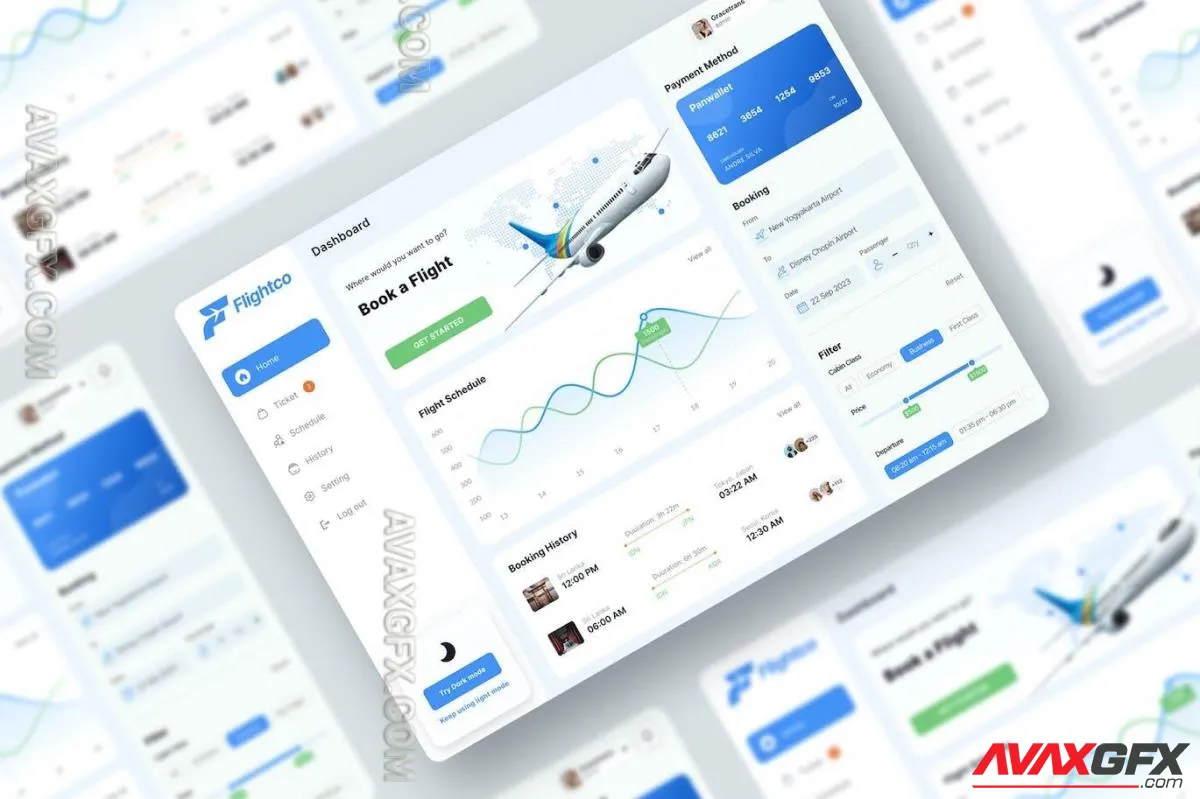 Flight Booking Dashboard UI Kit UI Figma WCBH8S9