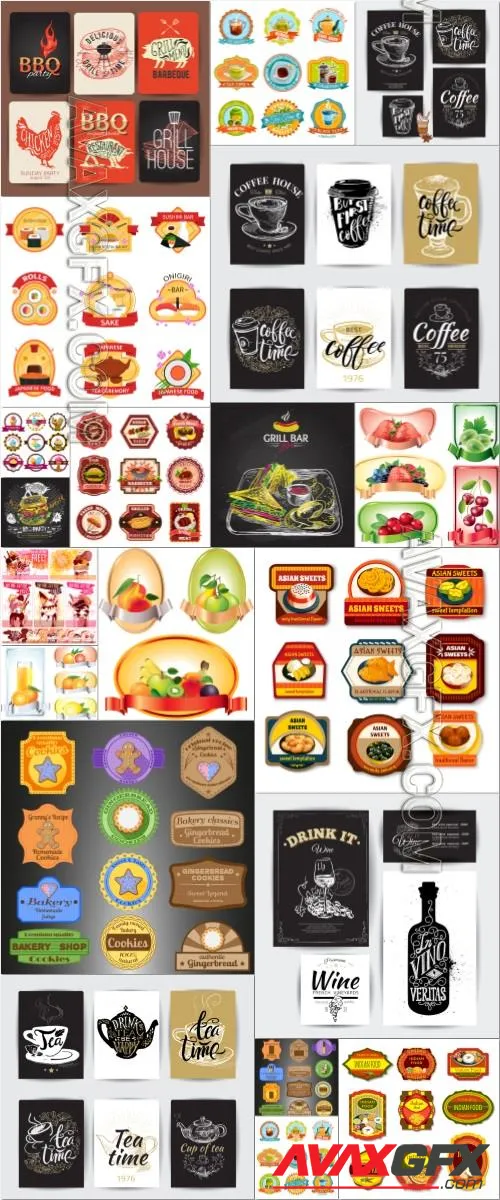 Food labels, logos elements in vector set