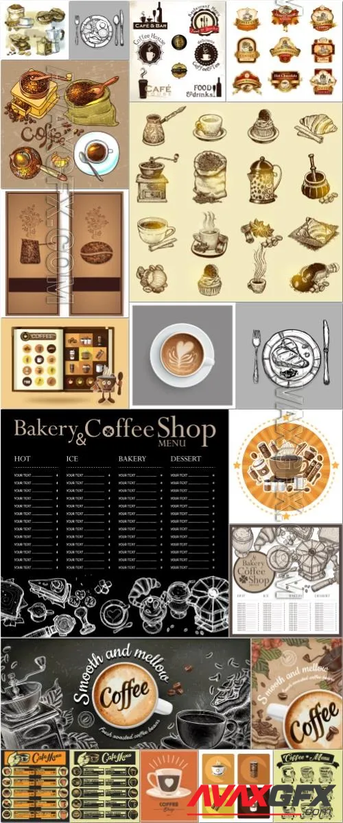 Coffee menu, logos, labels, elements in vector vol 1