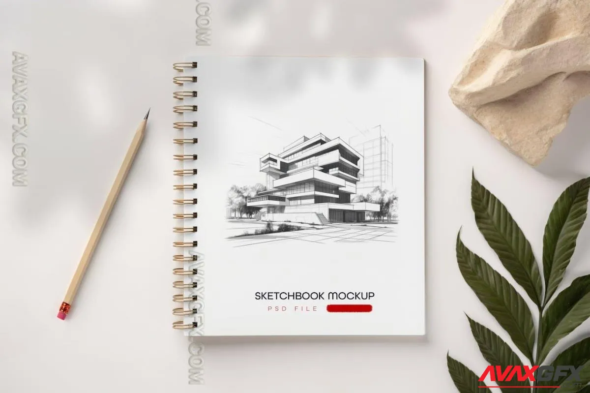 Sketchbook Mockup with Natural Elements and Shadow