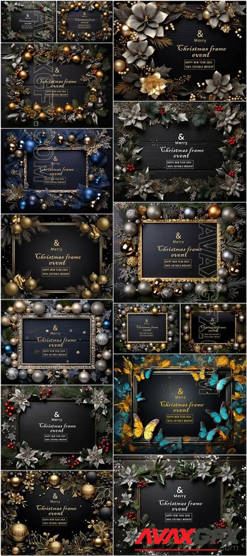 15 Merry christmas greeting background in a frame mockup psd