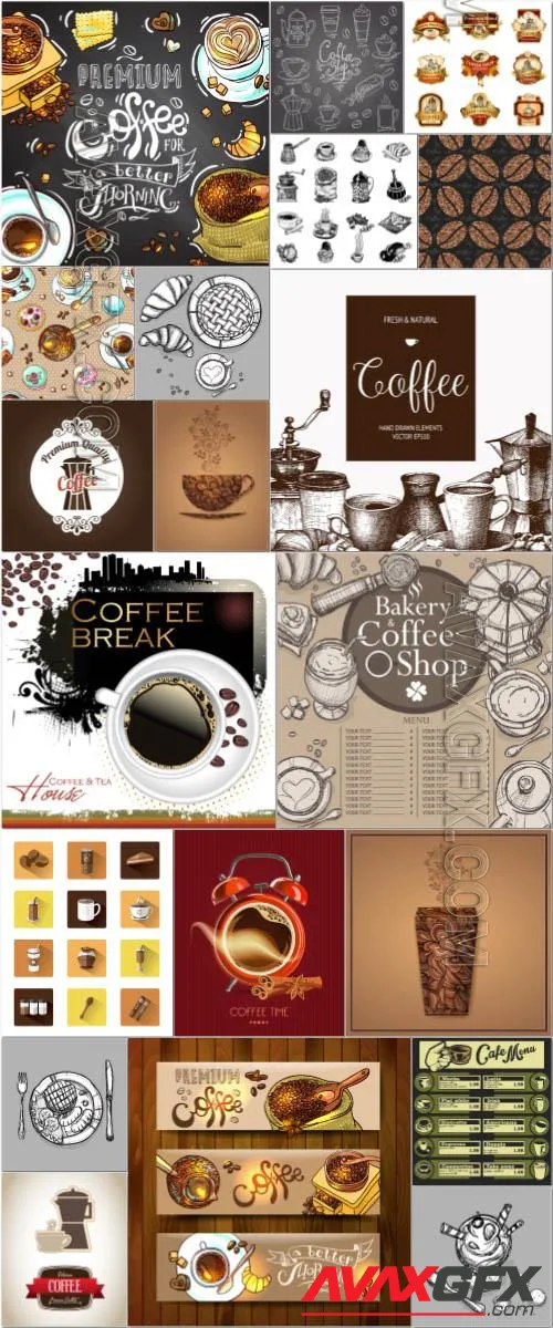 Coffee menu, logos, labels, elements in vector vol 2
