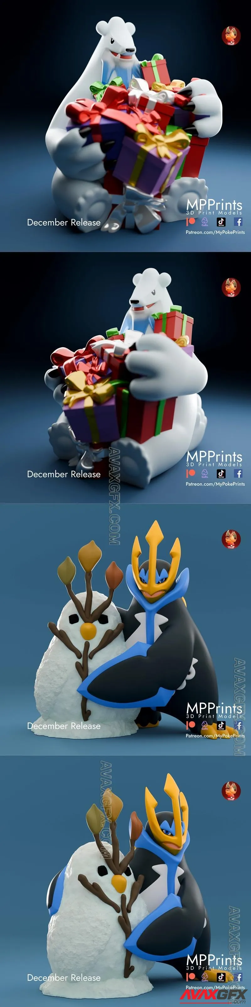 Beartic and presents and Empoleon and snowman - STL 3D Model