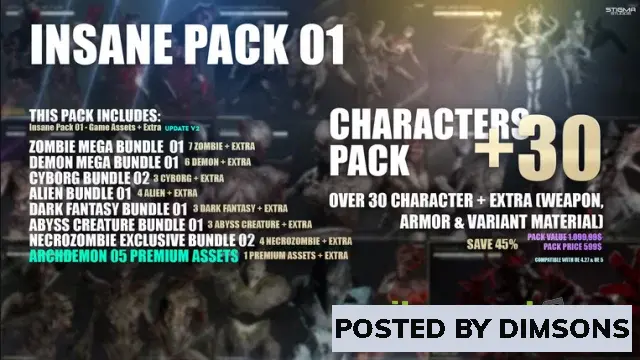 Unreal Engine Characters Insane Pack 01 - Game Assets + Extra v4.27, 5.0-5.3