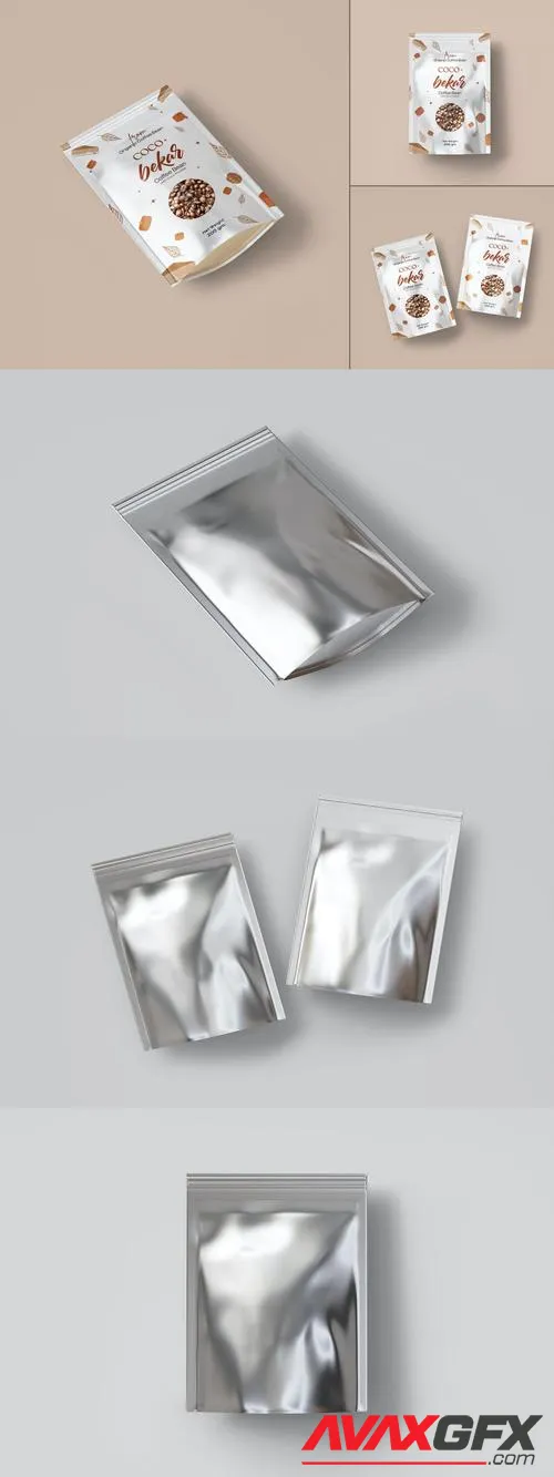 Metallic Food Pouch Bag Packaging Mockup Set B6LVMH7
