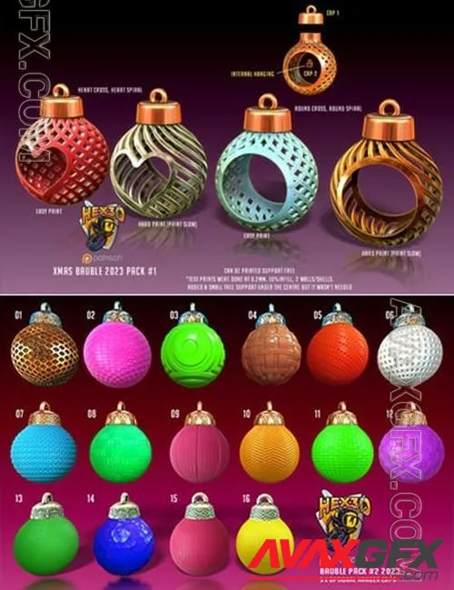 Hex3D - Bauble Pack 2 and Xmas Bauble Pack 1 - STL 3D Model