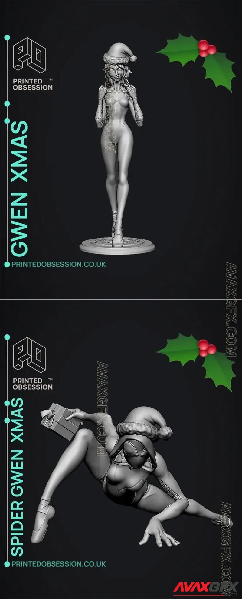 Spider Gwen stand xmas and Spider Gwen - Landing pose-xmas - STL 3D Model