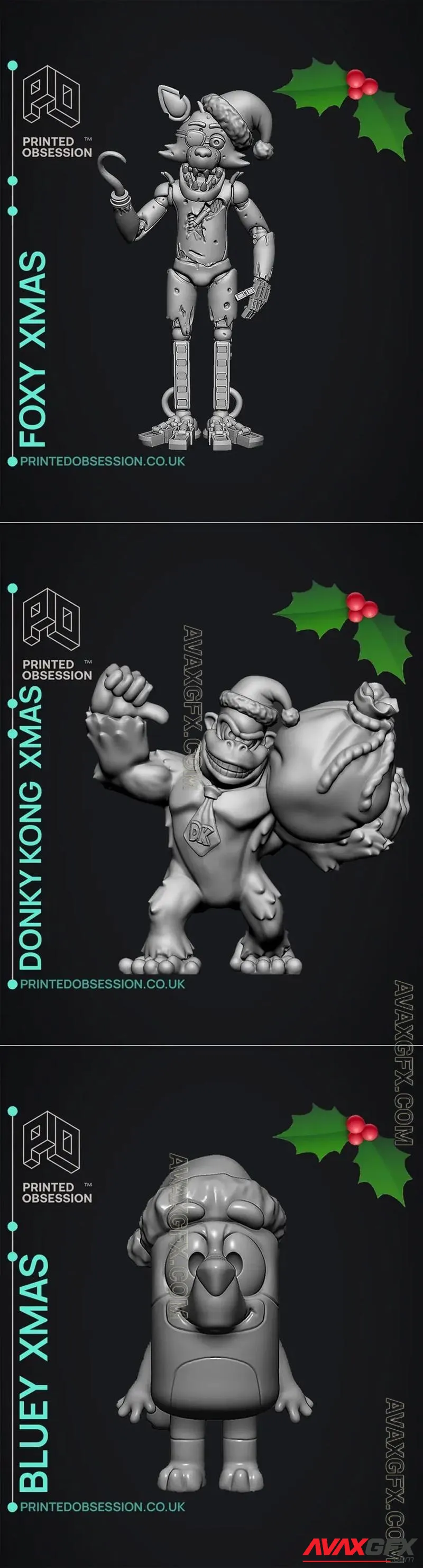 Foxy xmas and Dk xmas and Bluey xmas - STL 3D Model