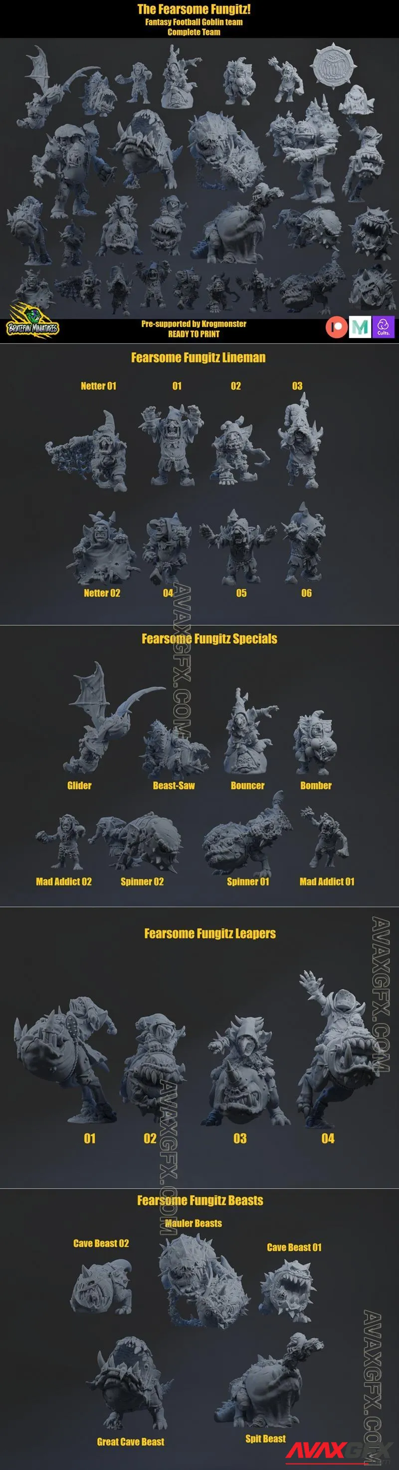 BruteFun Minatures - Fantasy Football Fearsome Fungitz Goblins - STL 3D Model