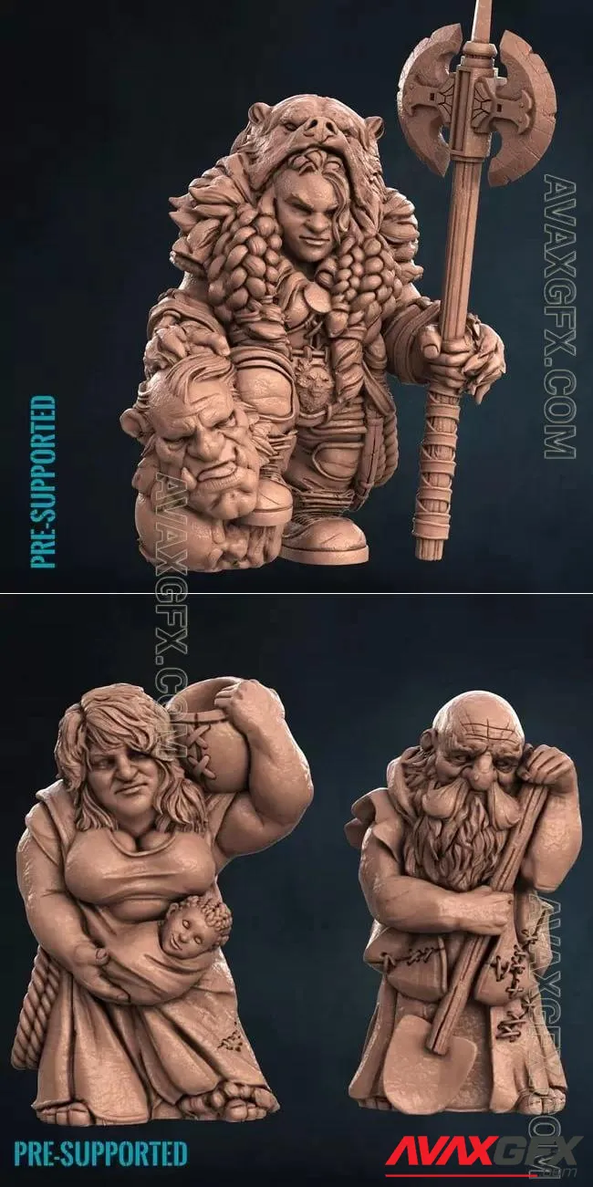 Dwarf Troll Hunter and Dwarf Villagers - STL 3D Model