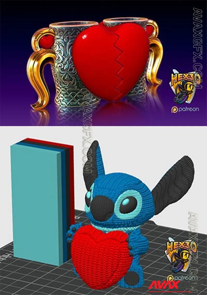 Hex3D - Valentines Mug Set and Stitched Stitch Valentines - STL 3D Model