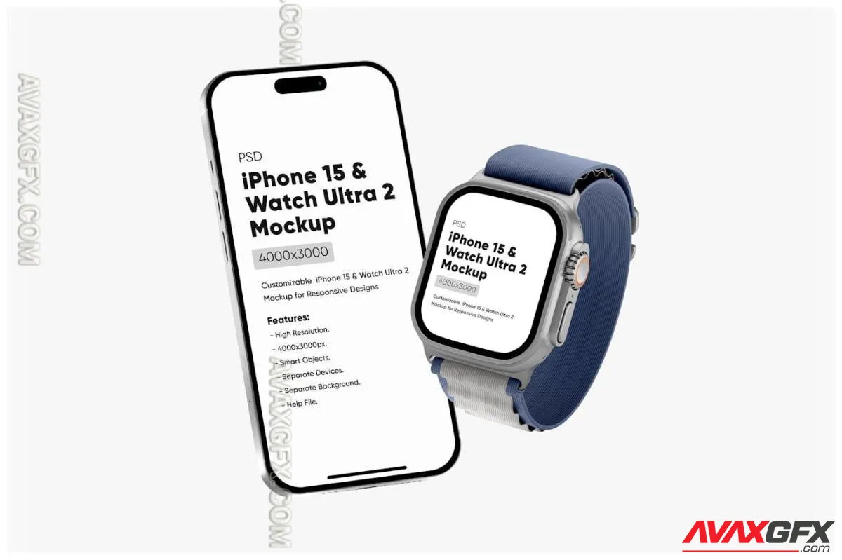 Floating iPhone 15 & Watch Ultra 2 Mockup