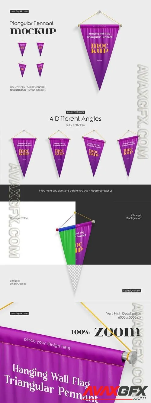 Hanging Wall Flag Triangular Pennant Mockup Set