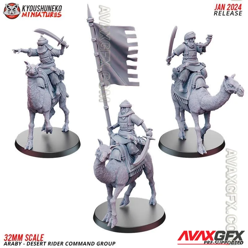 Kyoushuneko Miniatures - Araby Desert Rider Command Group - STL 3D Model