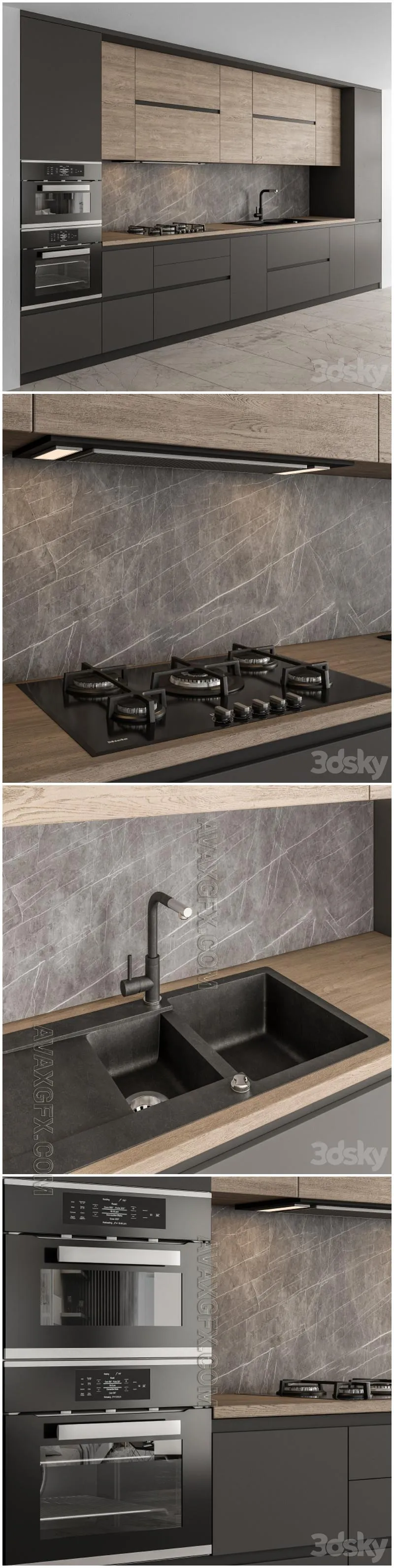 Kitchen Modern - Black and Wood 65 - 3D Model