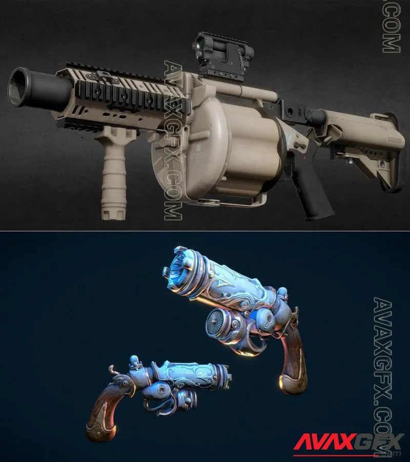 Milkor M32 MGL and Stylized Frost Gun - STL 3D Model