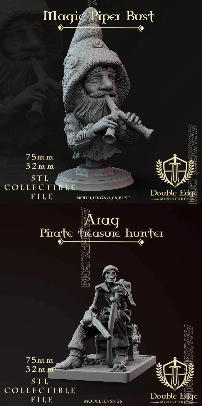 Double Edge - Magic Piper Bust and Arag pirate treasure hunter - STL 3D Model