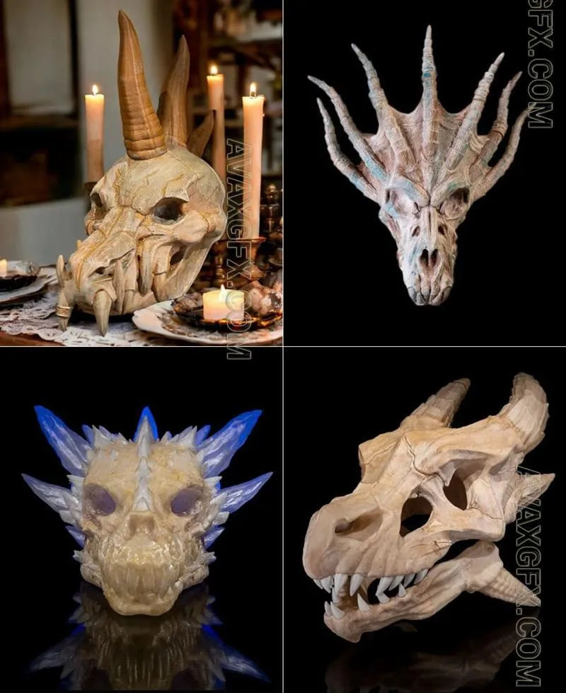 Skull - Black Dragon and Blue Dragon and Diamond Dragon and Epic Red Dragon - STL 3D Model